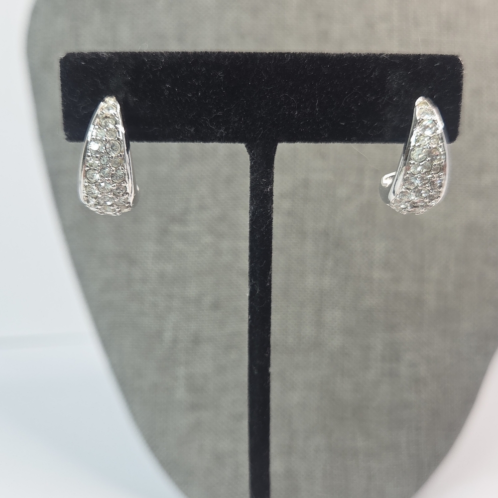Swarovski Crystal Pave Half Moon Hoop Earrings Silver Tone Pierced Earrings Euc
